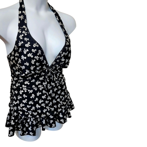 TORRID Vintage Retro Chic Halter Tie Metallic Silver Bow V- Neck Ruffle Swim Top - Picture 4 of 15